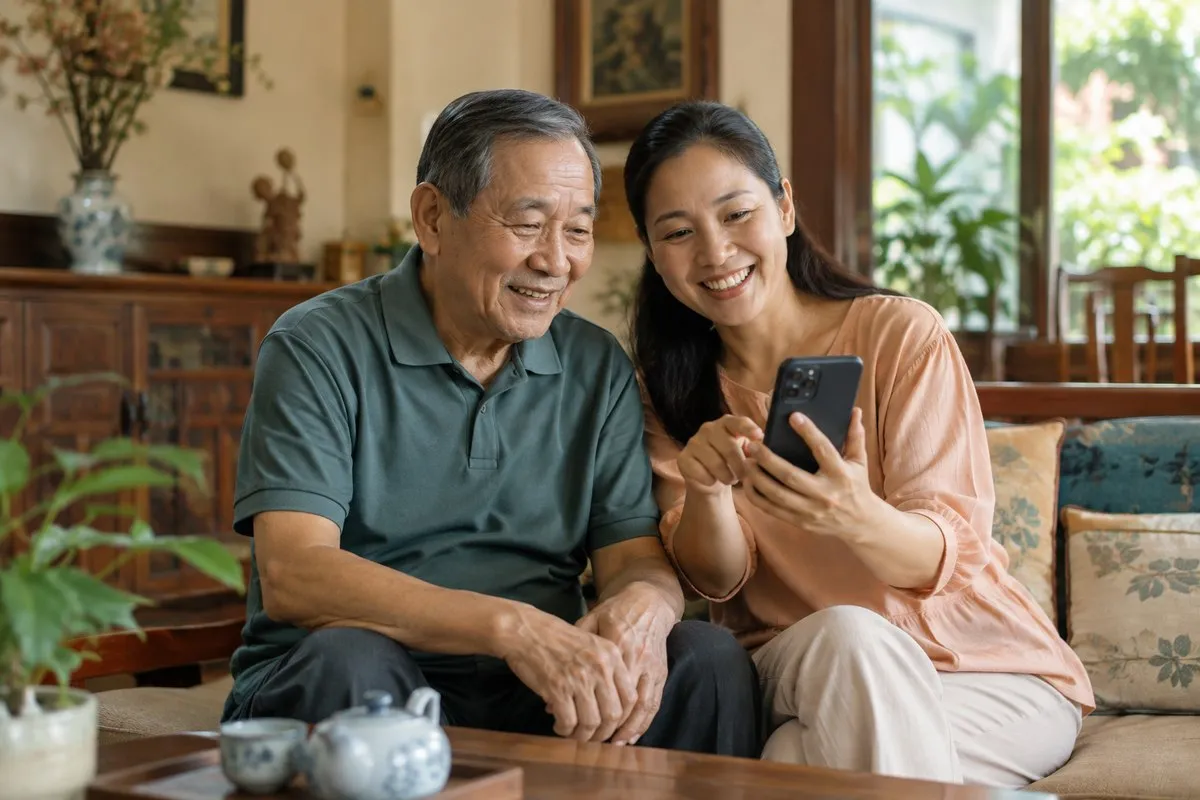Người cha và con gái cùng xem điện thoại