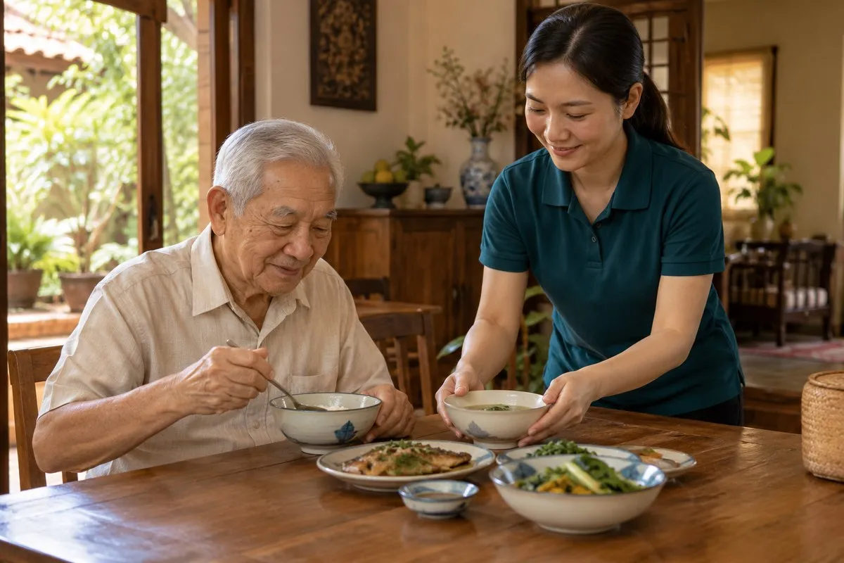 Người đồng hành cùng người cao tuổi dùng bữa tối